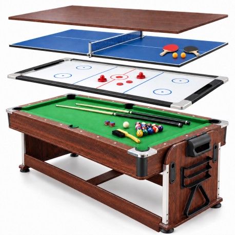 Billardtisch 7FT Flex 4in1 Multifunktionstisch Billard Airhockey Tischtennis Esstisch Schwarz